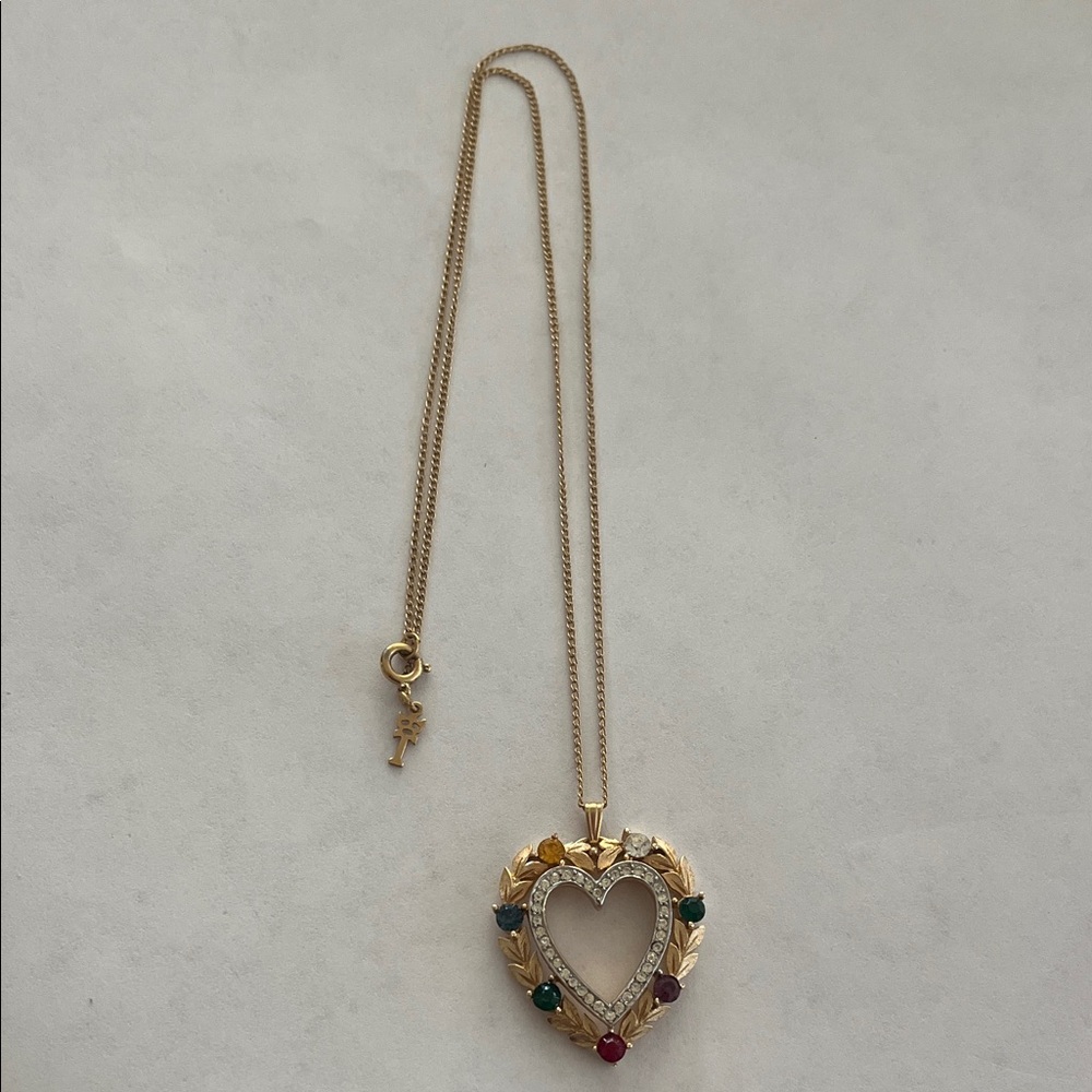 Trifari heart pendant necklace clear crystal colored accent gems thin gold chain